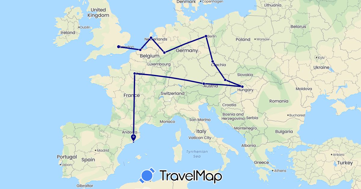 TravelMap itinerary: driving in Austria, Belgium, Czech Republic, Germany, Spain, France, United Kingdom, Hungary, Netherlands (Europe)